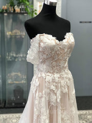A-Line/Princess Off-the-Shoulder Court Train Tulle Corset Wedding Dresses With Appliques Lace outfit, Weddings Dress Near Me