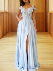 A-Line/Princess Off-the-Shoulder Floor-Length Chiffon Corset Prom Dresses With Leg Slit outfit, Bridesmaid Dresses Champagne