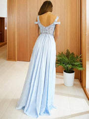 A-Line/Princess Off-the-Shoulder Floor-Length Chiffon Corset Prom Dresses With Leg Slit outfit, Bridesmaids Dresses Color Palettes