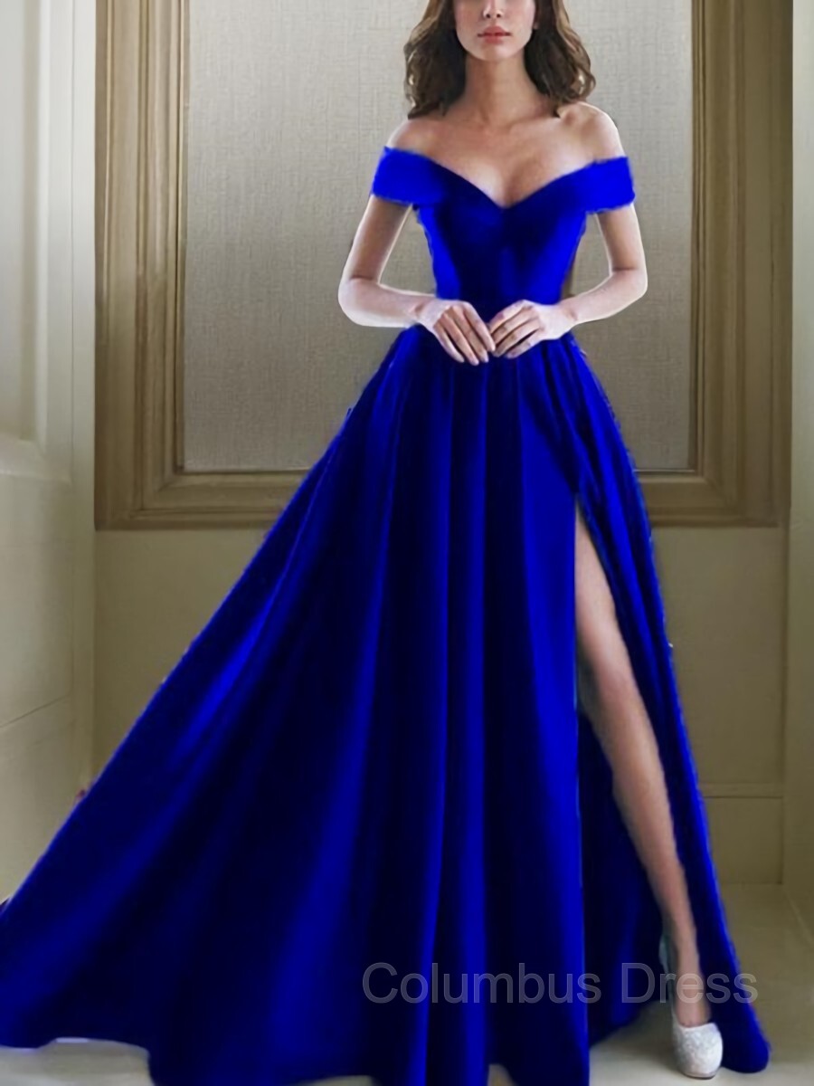 A-Line/Princess Off-the-Shoulder Floor-Length Satin Corset Prom Dresses With Leg Slit outfit, Prom Dresses Laced
