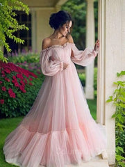 A-Line/Princess Off-the-Shoulder Floor-Length Tulle Corset Prom Dresses With Appliques Lace outfit, Party Dresses Long