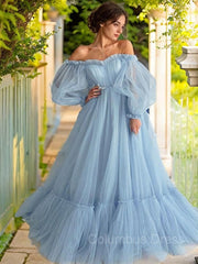 A-Line/Princess Off-the-Shoulder Floor-Length Tulle Corset Prom Dresses With Appliques Lace outfit, Party Dresses Long Dresses