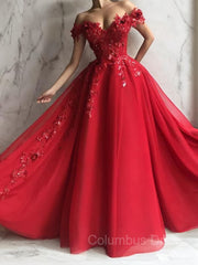 A-Line/Princess Off-the-Shoulder Floor-Length Tulle Corset Prom Dresses With Appliques Lace outfit, Maxi Dress