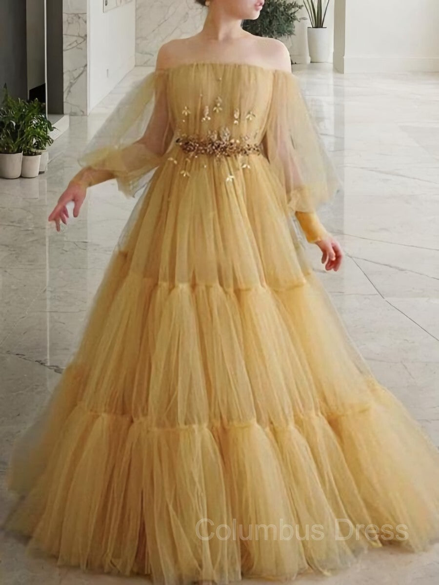 A-Line/Princess Off-the-Shoulder Floor-Length Tulle Corset Prom Dresses With Beading outfit, Formal Dresses And Gowns