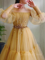 A-Line/Princess Off-the-Shoulder Floor-Length Tulle Corset Prom Dresses With Beading outfit, Formal Dress For Weddings
