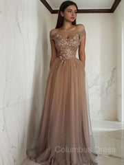 A-Line/Princess Off-the-Shoulder Floor-Length Tulle Corset Prom Dresses With Flower outfit, Prom Dressed Ball Gown