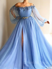A-Line/Princess Off-the-Shoulder Floor-Length Tulle Corset Prom Dresses With Leg Slit outfit, Prom Dress Sweetheart