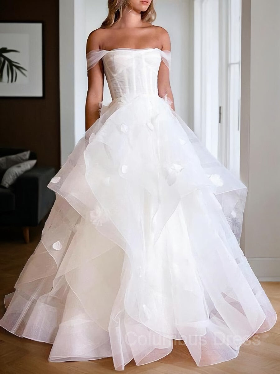 A-Line/Princess Off-the-Shoulder Floor-Length Tulle Corset Wedding Dresses outfit, Wedding Dresses Pinterest