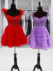 A-line/Princess Off-the-Shoulder Knee-Length Tulle Corset Homecoming Dress with Cascading Ruffles Gowns, Modest Dress