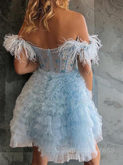 A-line/Princess Off-the-Shoulder Knee-Length Tulle Corset Homecoming Dress with Cascading Ruffles Gowns, Prom Dress Pink