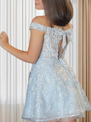 A-Line/Princess Off-the-Shoulder Short/Mini Lace Applique Corset Homecoming Dresses outfit, Bridesmaid Dress Chiffon