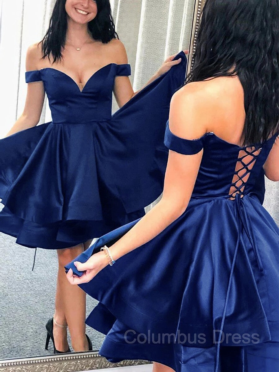A-Line/Princess Off-the-Shoulder Short/Mini Satin Corset Homecoming Dresses With Cascading Ruffles Gowns, Bridesmaids Dresses Colorful