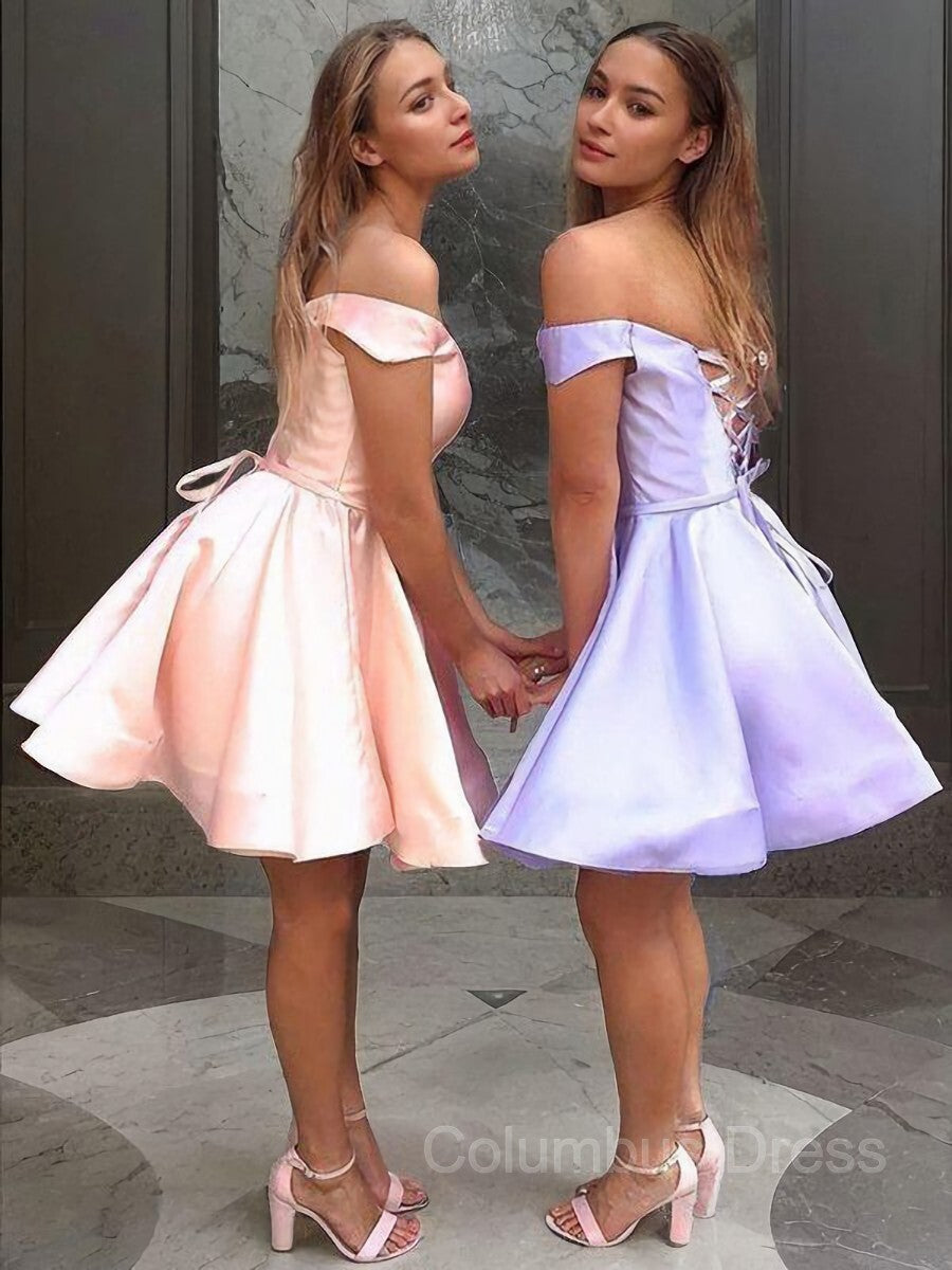 A-Line/Princess Off-the-Shoulder Short/Mini Satin Corset Homecoming Dresses With Ruffles Gowns, Homecoming Dresses Sparkle