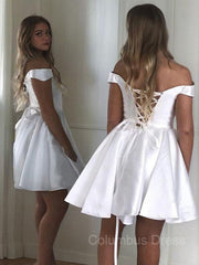 A-Line/Princess Off-the-Shoulder Short/Mini Satin Corset Homecoming Dresses With Ruffles Gowns, Homecoming Dress Sparkle