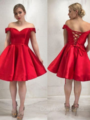 A-Line/Princess Off-the-Shoulder Short/Mini Satin Corset Homecoming Dresses With Ruffles Gowns, Homecoming Dresses Sparkles