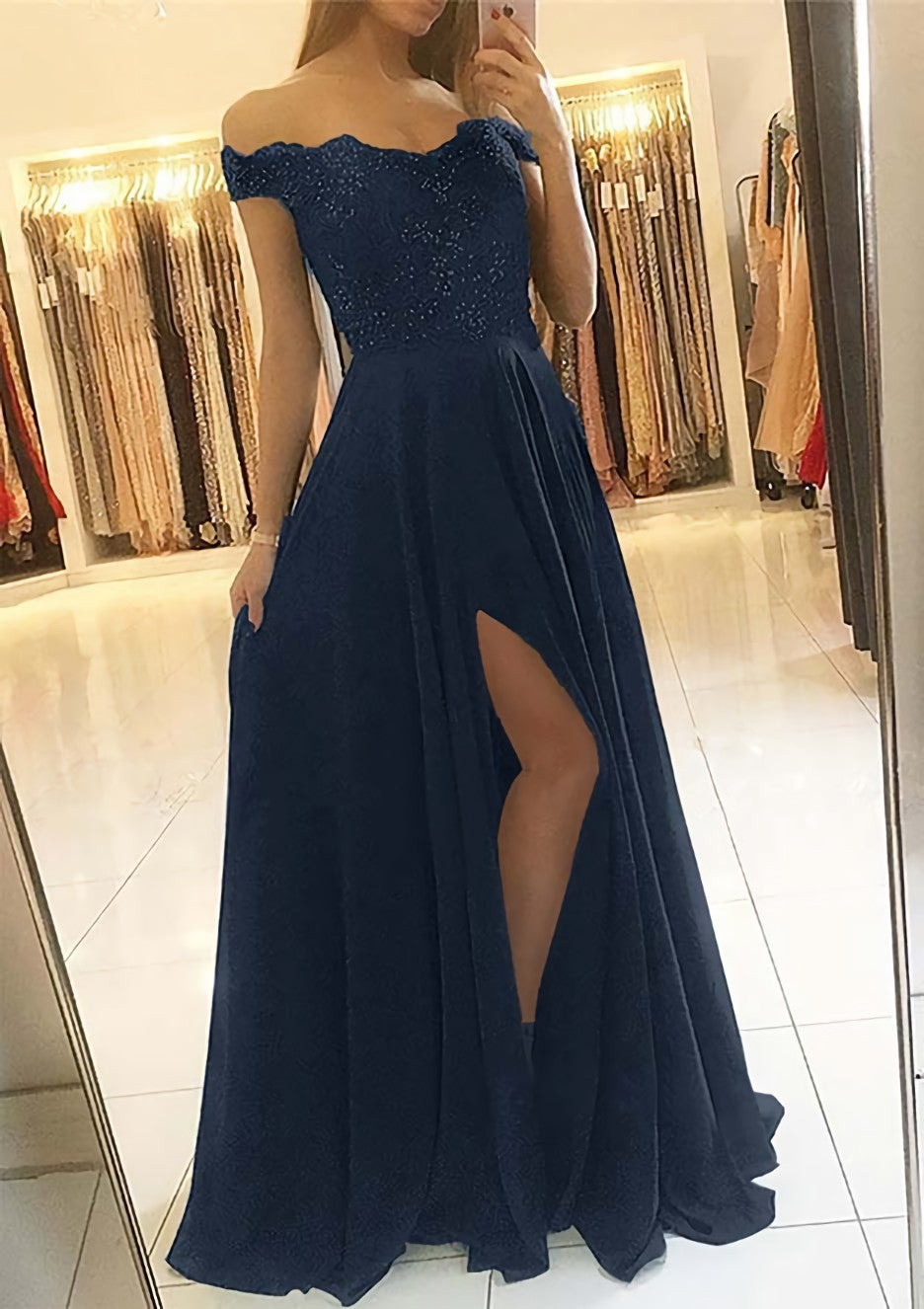 A-line/Princess Off-the-Shoulder Sleeveless Long/Floor-Length Chiffon Corset Prom Dress With Beading Split outfit, Evening Dresses Sale