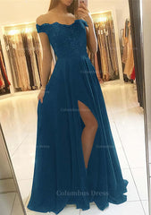 A-line/Princess Off-the-Shoulder Sleeveless Long/Floor-Length Chiffon Corset Prom Dress With Beading Split outfit, Evening Dress For Sale