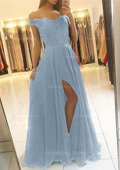A-line/Princess Off-the-Shoulder Sleeveless Long/Floor-Length Chiffon Corset Prom Dress With Beading Split outfit, Evening Dresses For Sale