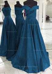 A-line/Princess Off-the-Shoulder Sleeveless Sweep Train Satin Corset Prom Dress outfits, Bridesmaid Dresses Weddings
