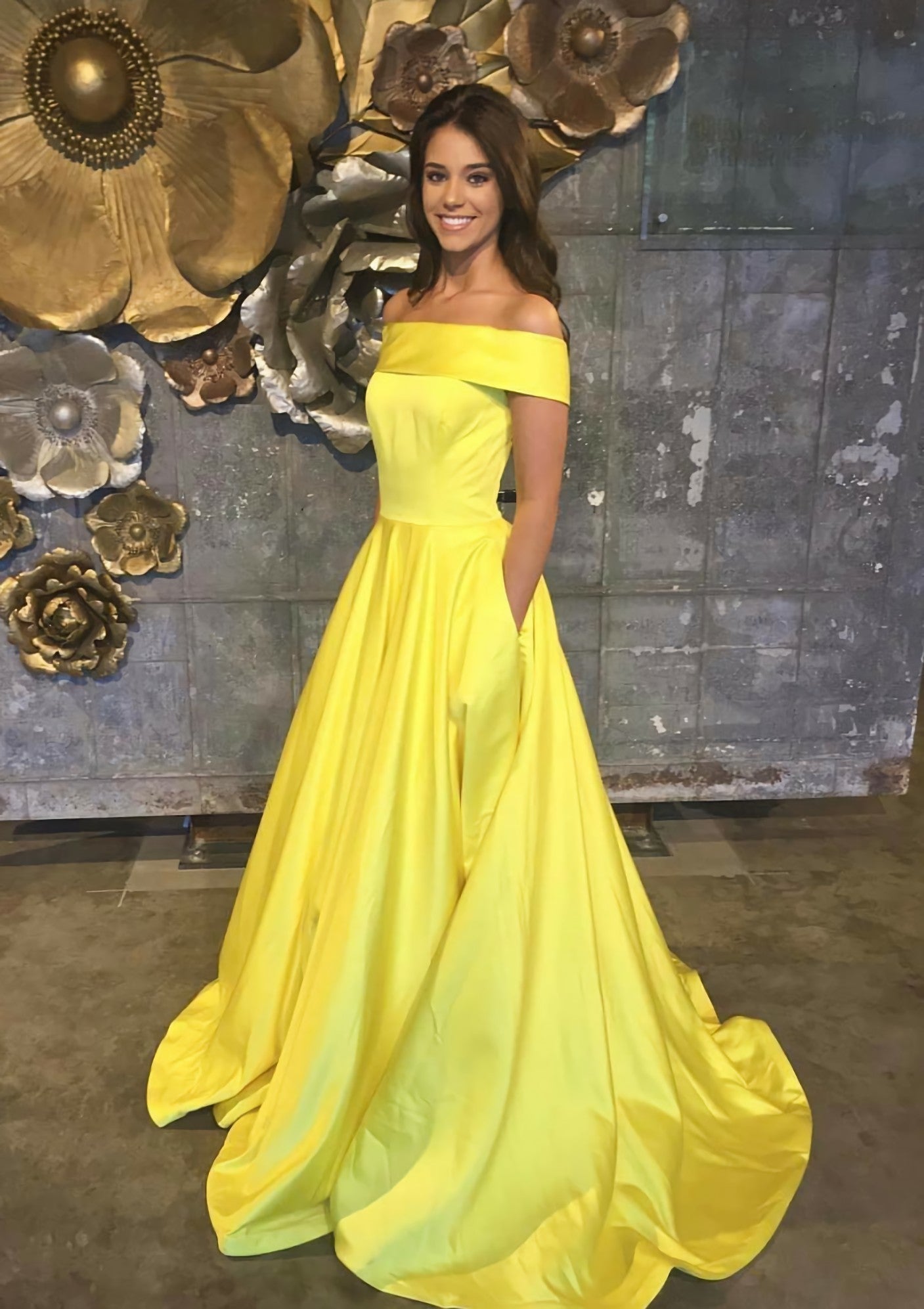 A-line/Princess Off-the-Shoulder Sleeveless Sweep Train Satin Corset Prom Dress With Low Back outfits, Party Dresses On Sale