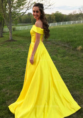 A-line/Princess Off-the-Shoulder Sleeveless Sweep Train Satin Corset Prom Dress With Low Back outfits, Party Dress On Sale