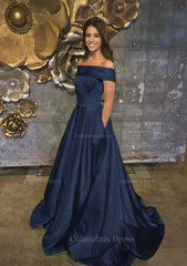 A-line/Princess Off-the-Shoulder Sleeveless Sweep Train Satin Corset Prom Dress With Low Back outfits, Party Dresses Formal