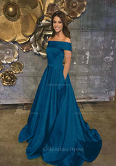 A-line/Princess Off-the-Shoulder Sleeveless Sweep Train Satin Corset Prom Dress With Low Back outfits, Party Dress Formal