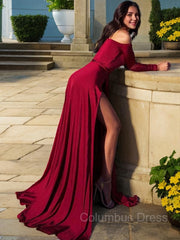 A-Line/Princess Off-the-Shoulder Sweep Train Jersey Corset Prom Dresses With Leg Slit outfit, Formal Dresses Cocktail