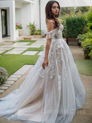 A-Line/Princess Off-the-Shoulder Sweep Train Lace Corset Wedding Dresses outfit, Wedding Dress With Lacing