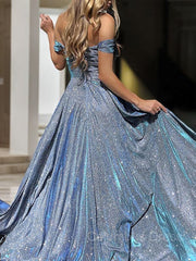 A-Line/Princess Off-the-Shoulder Sweep Train Corset Prom Dresses With Leg Slit outfit, Club Dress
