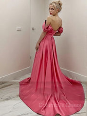 A-Line/Princess Off-the-Shoulder Sweep Train Satin Evening Dresses With Leg Slit outfit, Party Dresses For Short Ladies