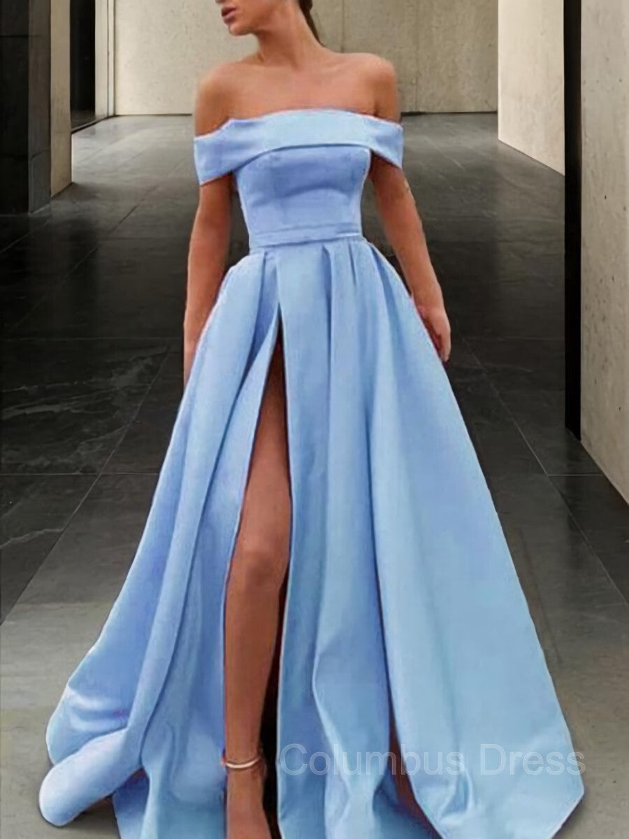 A-Line/Princess Off-the-Shoulder Sweep Train Satin Corset Prom Dresses With Leg Slit outfit, Evening Dresses On Sale
