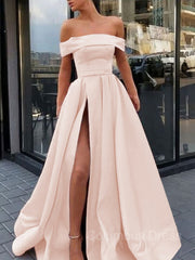 A-Line/Princess Off-the-Shoulder Sweep Train Satin Corset Prom Dresses With Leg Slit outfit, Evening Dresses Cheap