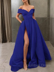 A-Line/Princess Off-the-Shoulder Sweep Train Satin Corset Prom Dresses With Leg Slit outfit, Homecoming Dresses Long