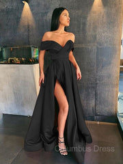 A-Line/Princess Off-the-Shoulder Sweep Train Satin Corset Prom Dresses With Leg Slit outfit, Homecoming Dress Short