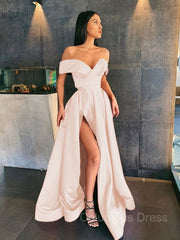 A-Line/Princess Off-the-Shoulder Sweep Train Satin Corset Prom Dresses With Leg Slit outfit, Homecoming Dresses Short