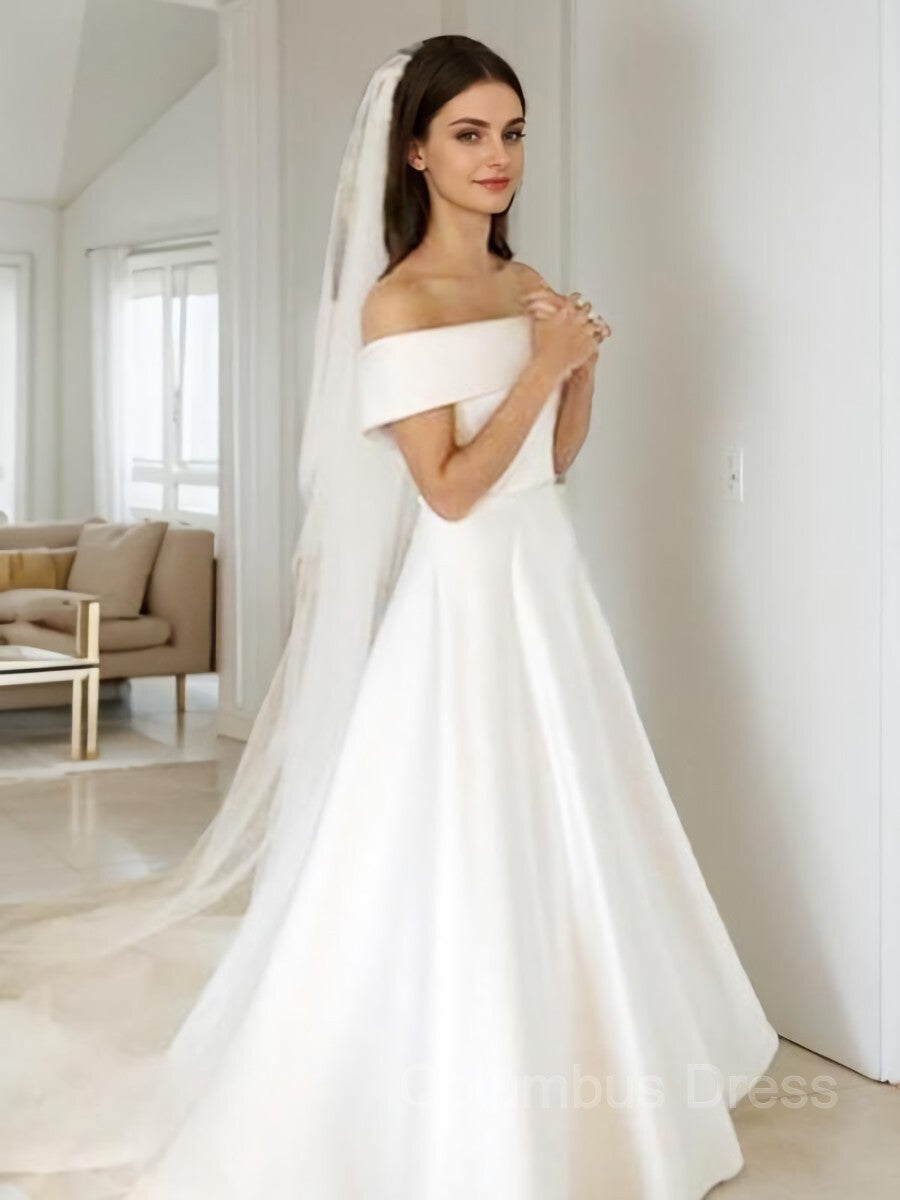 A-Line/Princess Off-the-Shoulder Sweep Train Satin Corset Wedding Dresses outfit, Wedding Dress Budget