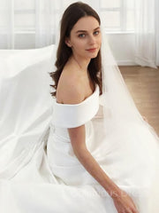 A-Line/Princess Off-the-Shoulder Sweep Train Satin Corset Wedding Dresses outfit, Wedding Dresses Long Sleev