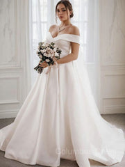 A-Line/Princess Off-the-Shoulder Sweep Train Satin Corset Wedding Dresses outfit, Weddings Dresses With Sleeves