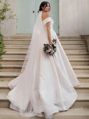 A-Line/Princess Off-the-Shoulder Sweep Train Satin Corset Wedding Dresses outfit, Wedsing Dresses With Sleeves