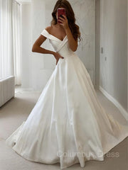 A-Line/Princess Off-the-Shoulder Sweep Train Satin Corset Wedding Dresses outfit, Weddings Dresses Beach