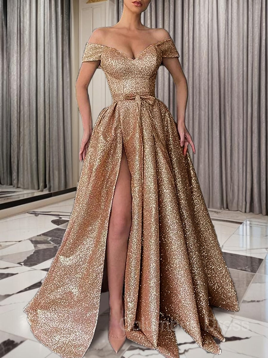 A-Line/Princess Off-the-Shoulder Sweep Train Sequins Corset Prom Dresses With Leg Slit outfit, Prom Dresses Gold