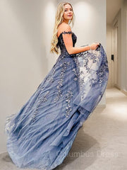 A-Line/Princess Off-the-Shoulder Sweep Train Tulle Corset Prom Dresses With Appliques Lace outfit, Prom Dress Two Pieces