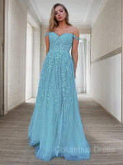 A-Line/Princess Off-the-Shoulder Sweep Train Tulle Corset Prom Dresses With Appliques Lace outfit, Formal Dress