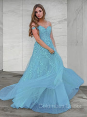 A-Line/Princess Off-the-Shoulder Sweep Train Tulle Corset Prom Dresses With Appliques Lace outfit, Prom