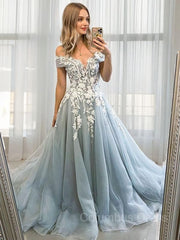 A-Line/Princess Off-the-Shoulder Sweep Train Tulle Corset Prom Dresses With Appliques Lace outfit, Prom Dress Long Sleeve Ball Gown