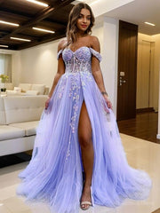 A-Line/Princess Off-the-Shoulder Sweep Train Tulle Corset Prom Dresses With Leg Slit outfit, Homecoming Dress