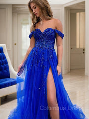 A-Line/Princess Off-the-Shoulder Sweep Train Tulle Corset Prom Dresses With Leg Slit outfit, Satin Dress
