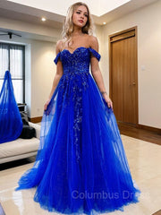 A-Line/Princess Off-the-Shoulder Sweep Train Tulle Corset Prom Dresses With Leg Slit outfit, Wedding Guest Outfit