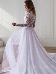 A-Line/Princess Off-the-Shoulder Sweep Train Tulle Corset Wedding Dresses outfit, Wedding Dress For Dancing